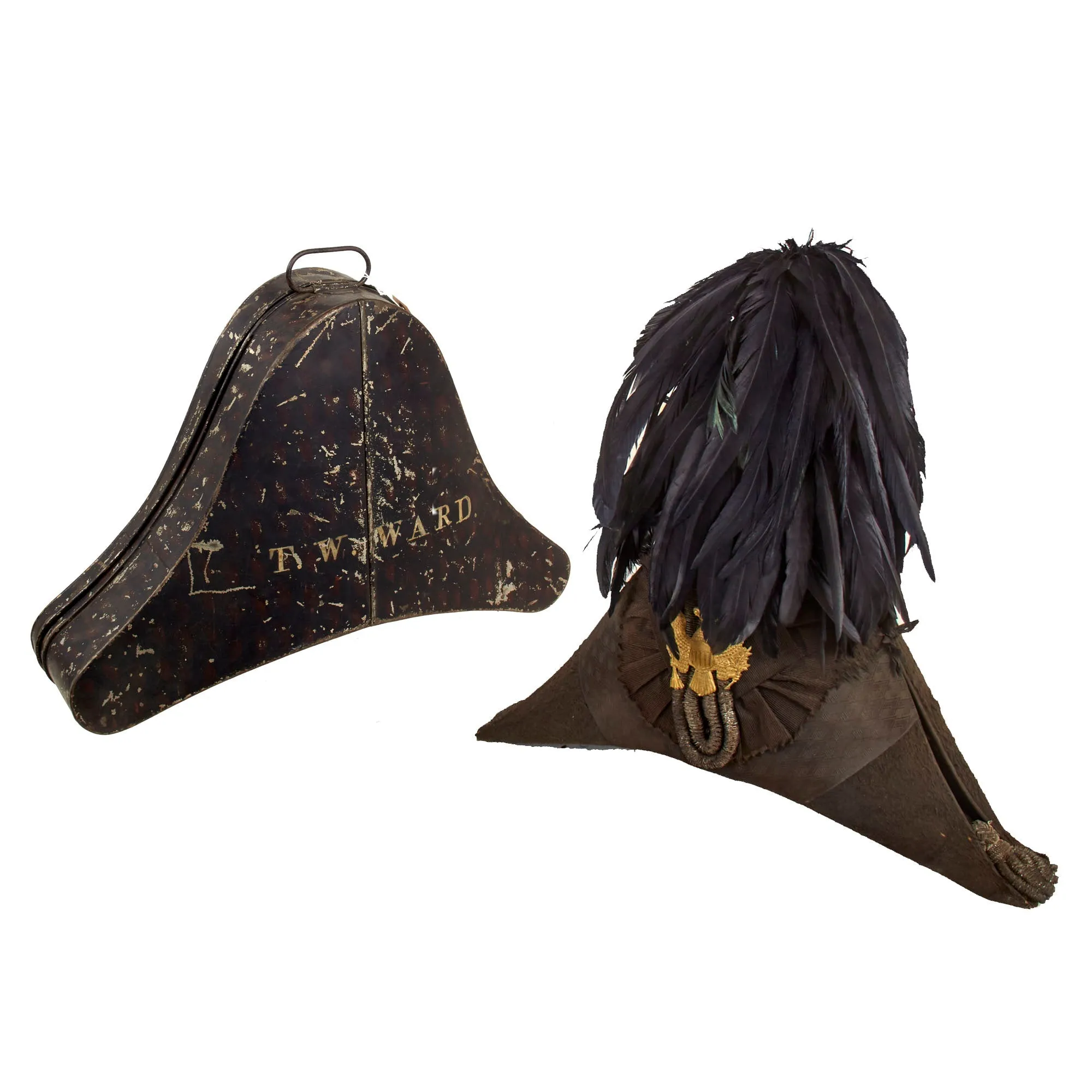 Original U.S. 1840s Army Officer Chapeau-Bras Bicorn Hat by W.H. Horstman & Son with Black Plume in Named Transit Tin