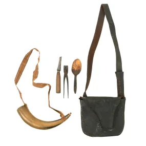 Original U.S. American Revolutionary War Rifle Bag & Powder Horn with Original Woven Strap Accouterment Grouping - Found Together in New York State