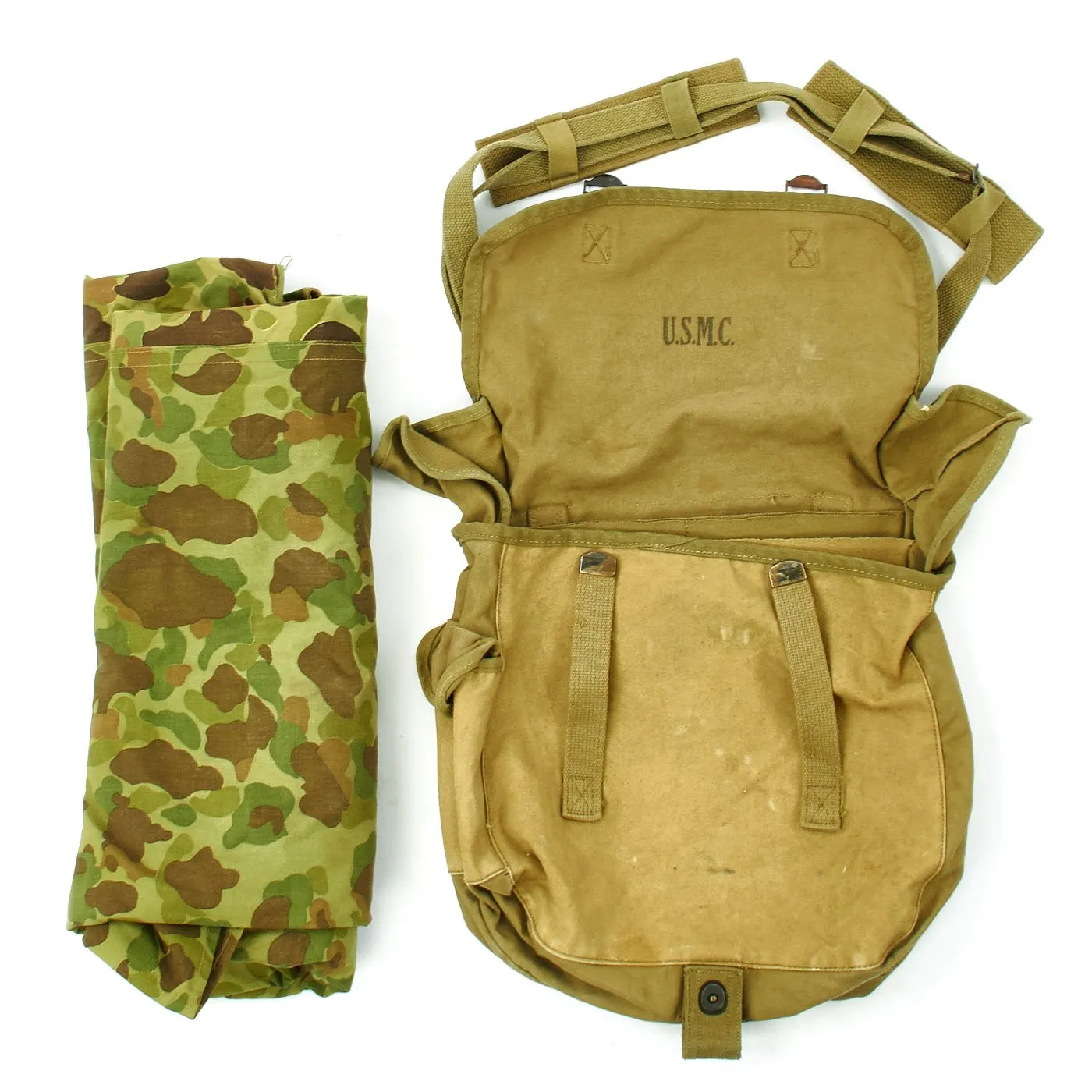 Original U.S. WWII 1944 dated USMC Musette Bag by Boyt with 1943 Dated Camouflage Shelter Half