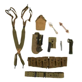 Original U.S. WWII - WWI Field Gear Lot - Eagle Snap Cartridge Belt - Flashlights - Wire Cutters & Suspenders