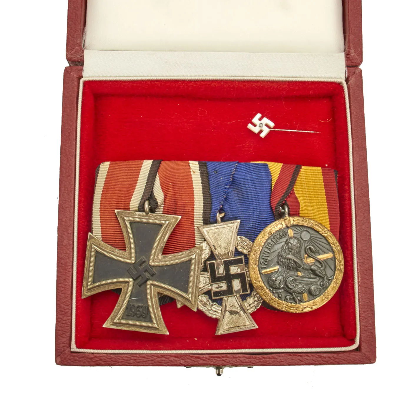 Original WWII German Medal Bar with EKII, Spanish Legion Condor & Long Service Awards in Box with Pearl NSDAP Pin