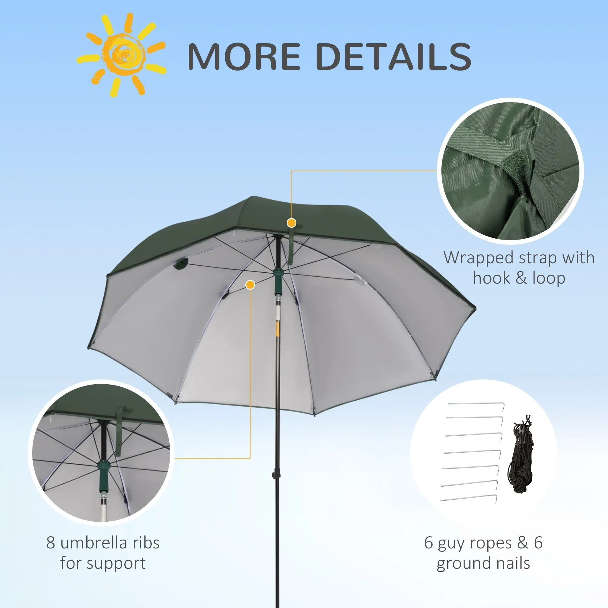 Outsunny 2M Beach Parasol Fishing Umbrella Brolly With Sides And Push Button Tilt Sun Shade Shelter With Carry Bag