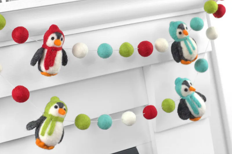 Penguin Felt Christmas Garland- Red, Turquoise, Green