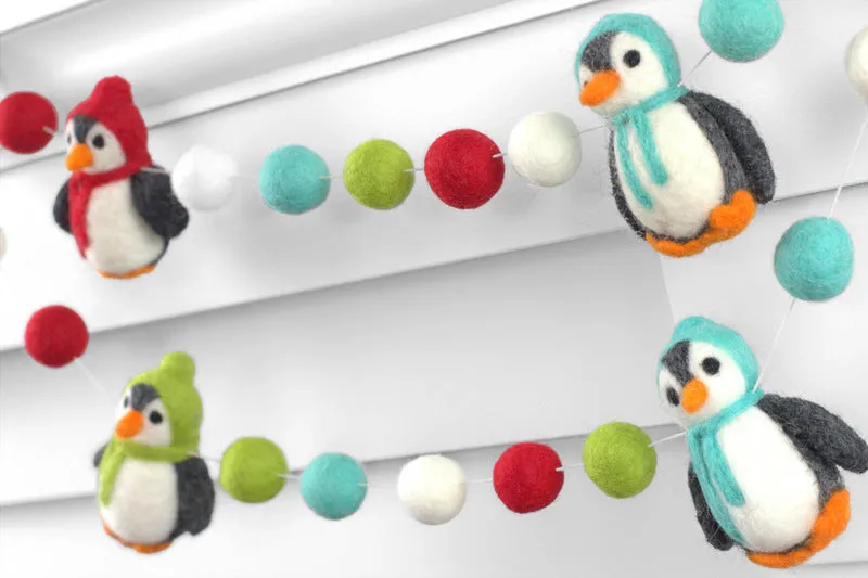 Penguin Felt Christmas Garland- Red, Turquoise, Green