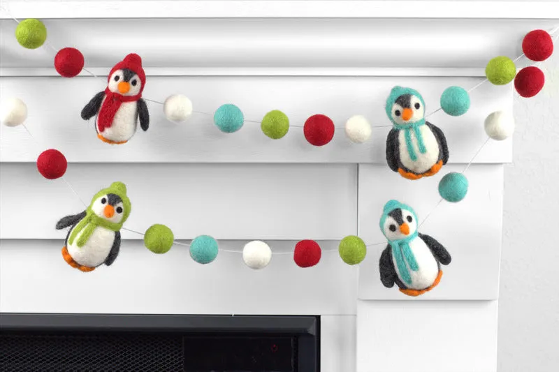 Penguin Felt Christmas Garland- Red, Turquoise, Green