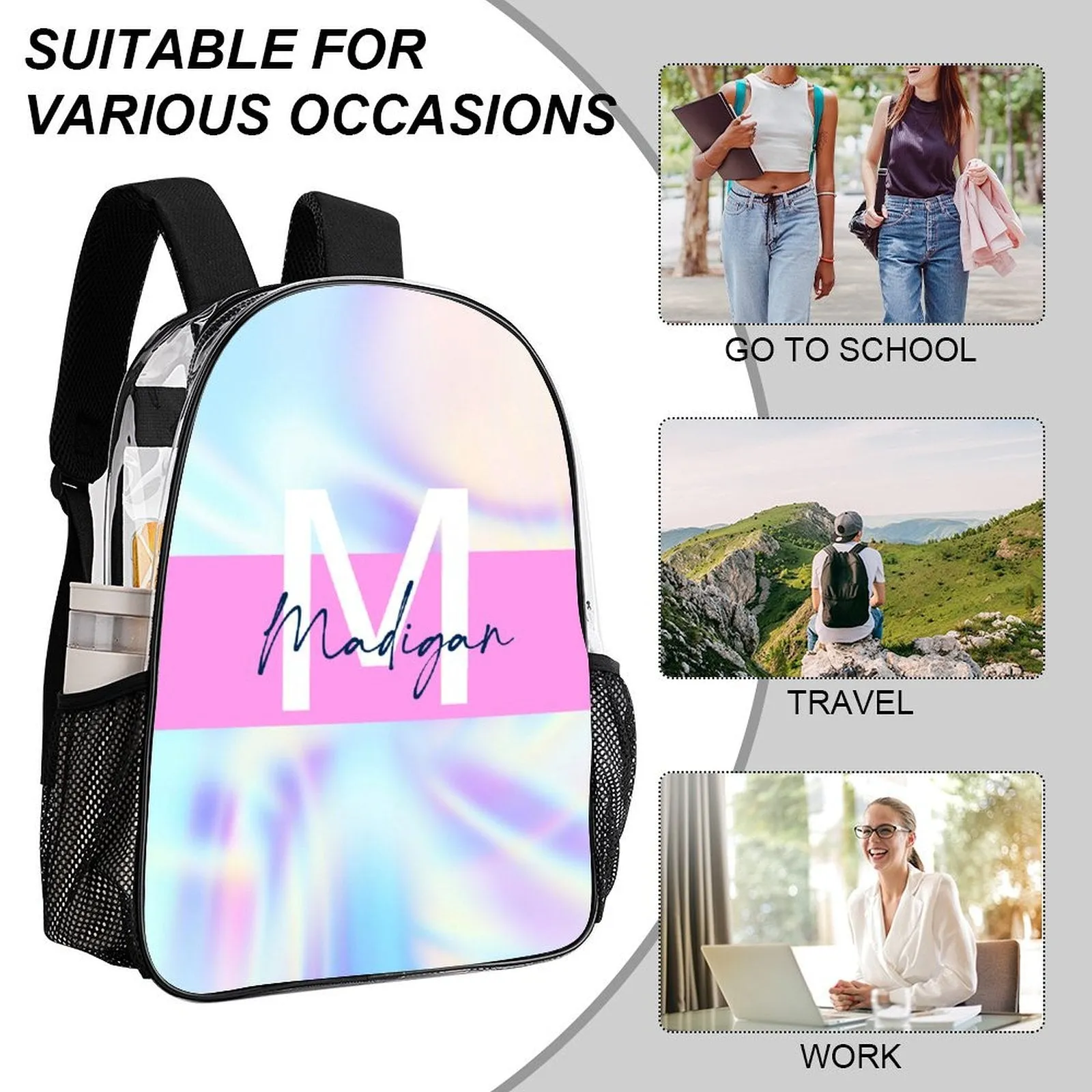 Personalized Name/Text 17 Inch Transparent Backpack