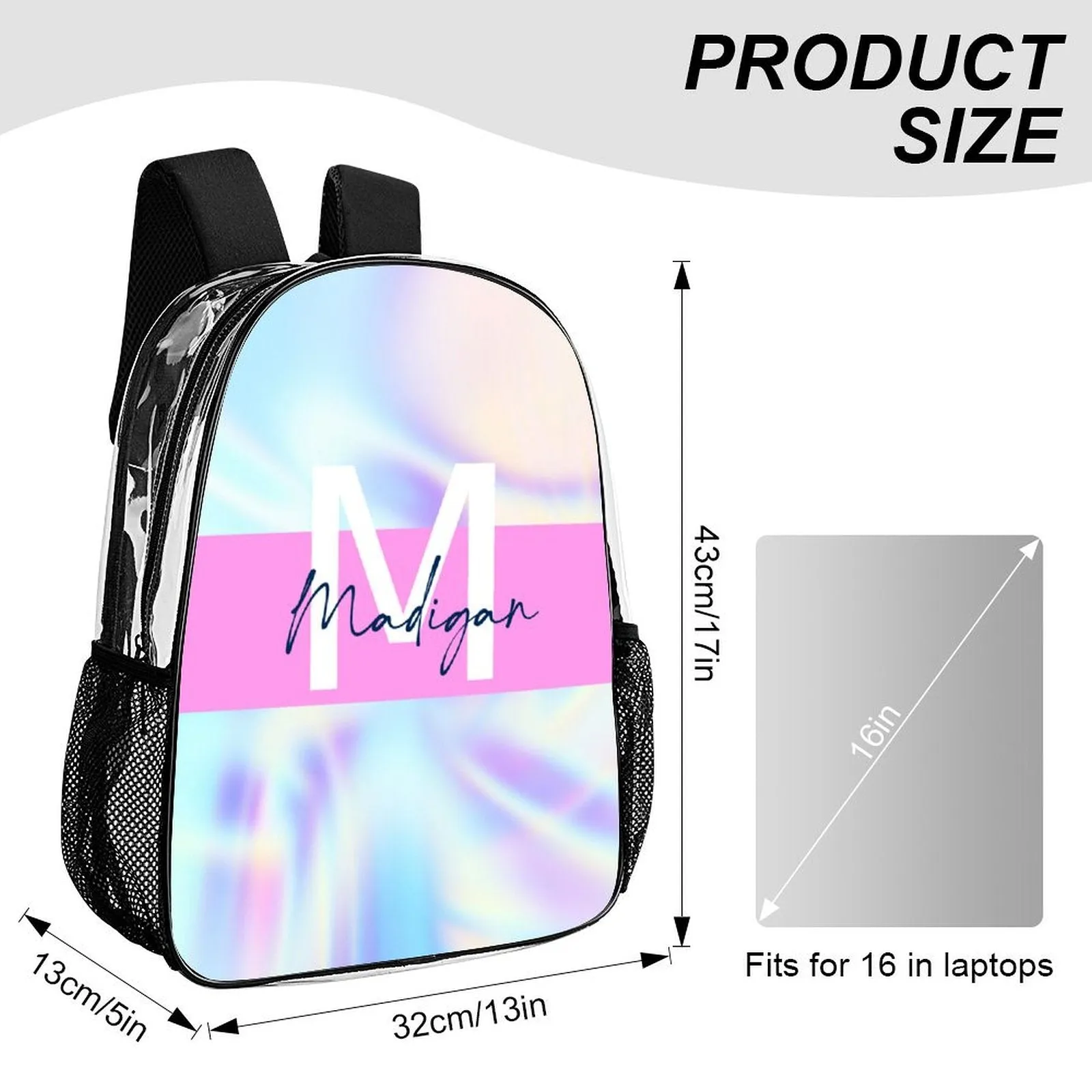 Personalized Name/Text 17 Inch Transparent Backpack