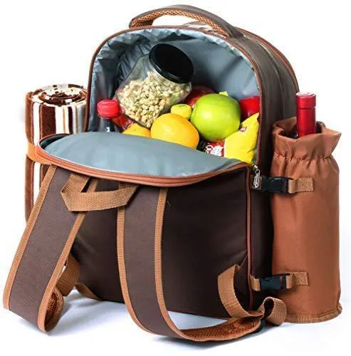 Picnic Backpack Bag for 4 Person With Cooler Compartment, Detachable Bottle/Wine Holder, Fleece Blanket, Plates and Cutlery Set Perfect for Outdoor, Sports, Hiking, Camping, BBQs(Coffee)