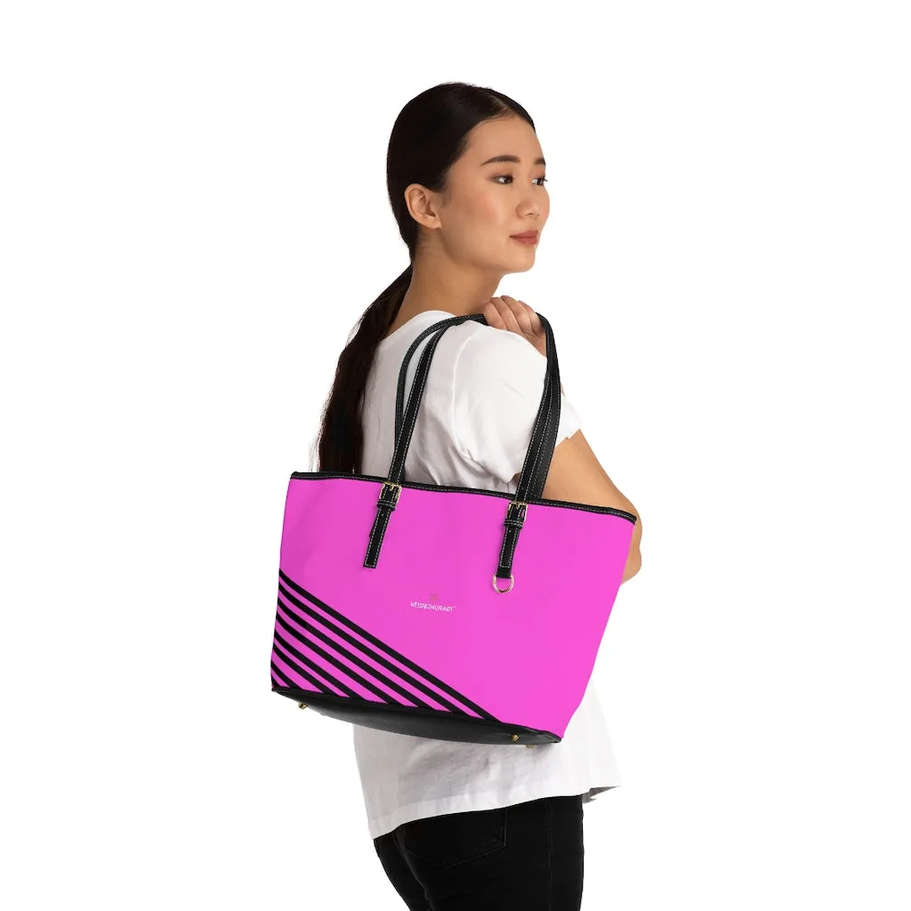 Pink Black Striped Tote Bag, Best Designer PU Leather Shoulder Hand Work Bag 17"x11"/ 16"x10"