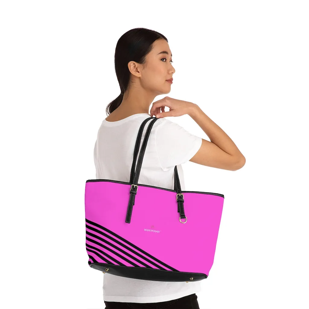 Pink Black Striped Tote Bag, Best Designer PU Leather Shoulder Hand Work Bag 17"x11"/ 16"x10"