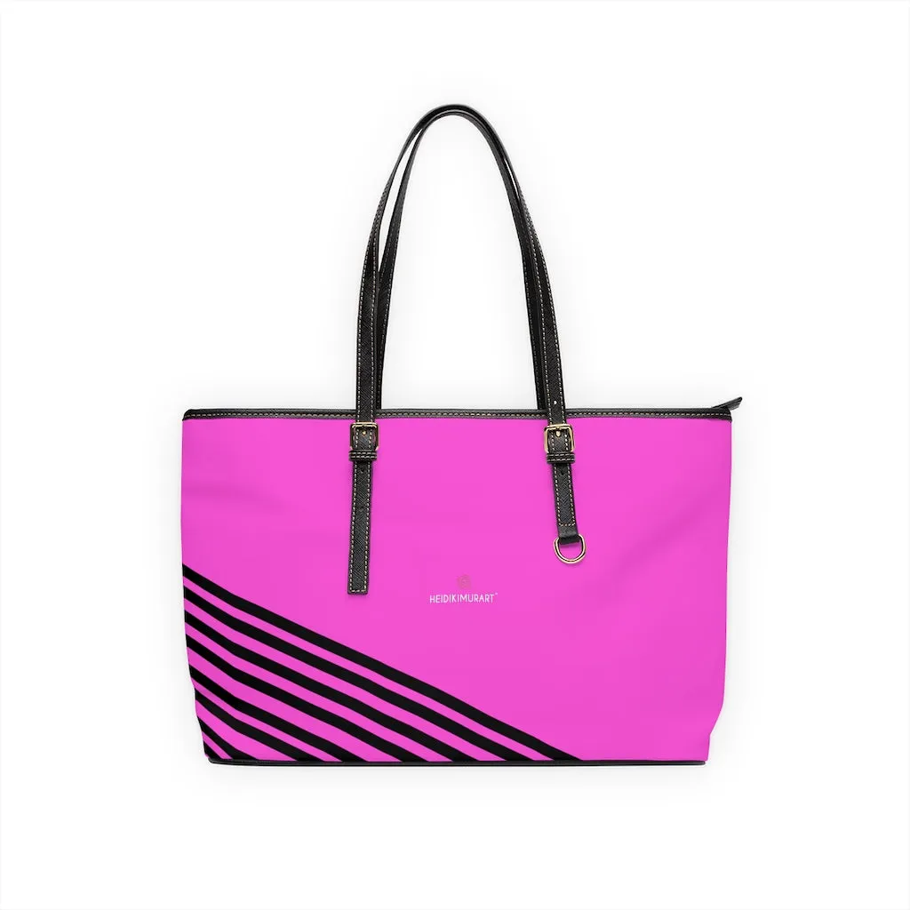 Pink Black Striped Tote Bag, Best Designer PU Leather Shoulder Hand Work Bag 17"x11"/ 16"x10"