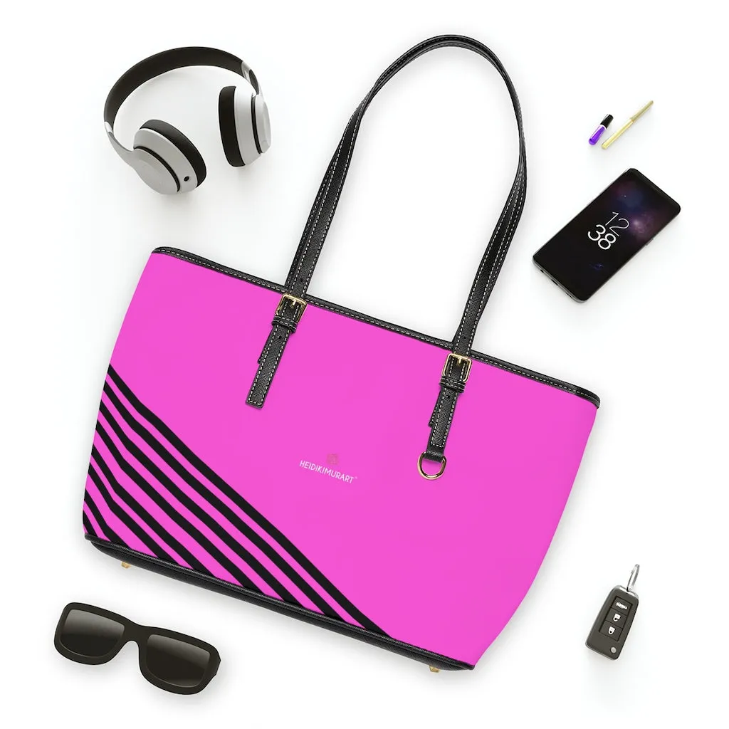 Pink Black Striped Tote Bag, Best Designer PU Leather Shoulder Hand Work Bag 17"x11"/ 16"x10"