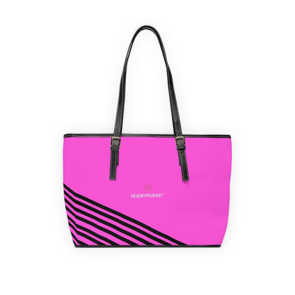 Pink Black Striped Tote Bag, Best Designer PU Leather Shoulder Hand Work Bag 17"x11"/ 16"x10"