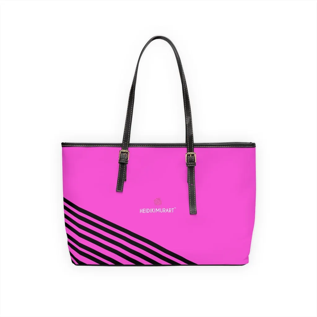 Pink Black Striped Tote Bag, Best Designer PU Leather Shoulder Hand Work Bag 17"x11"/ 16"x10"