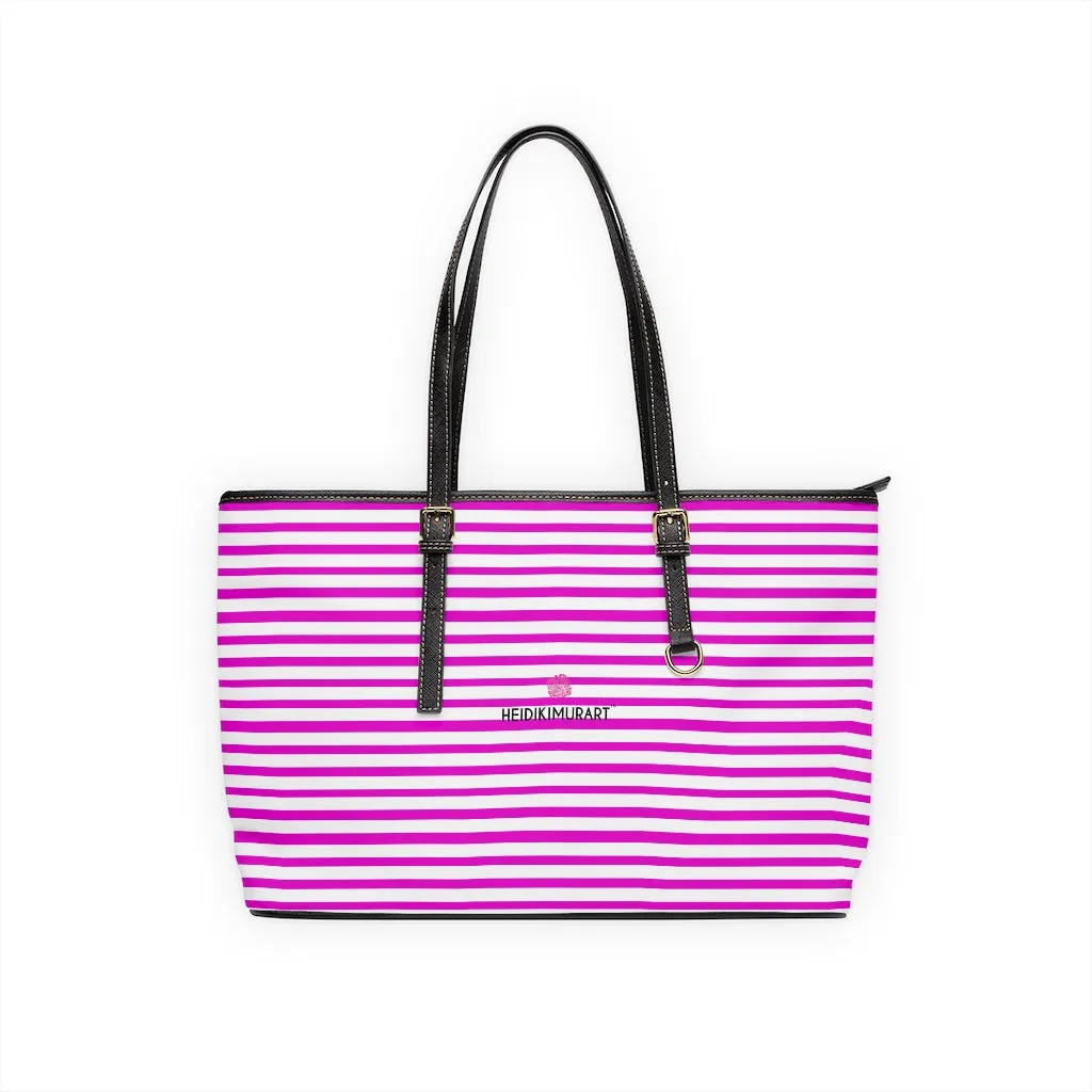 Pink Stripes Tote Bag, Best Designer PU Leather Shoulder Hand Work Bag 17"x11"/ 16"x10"