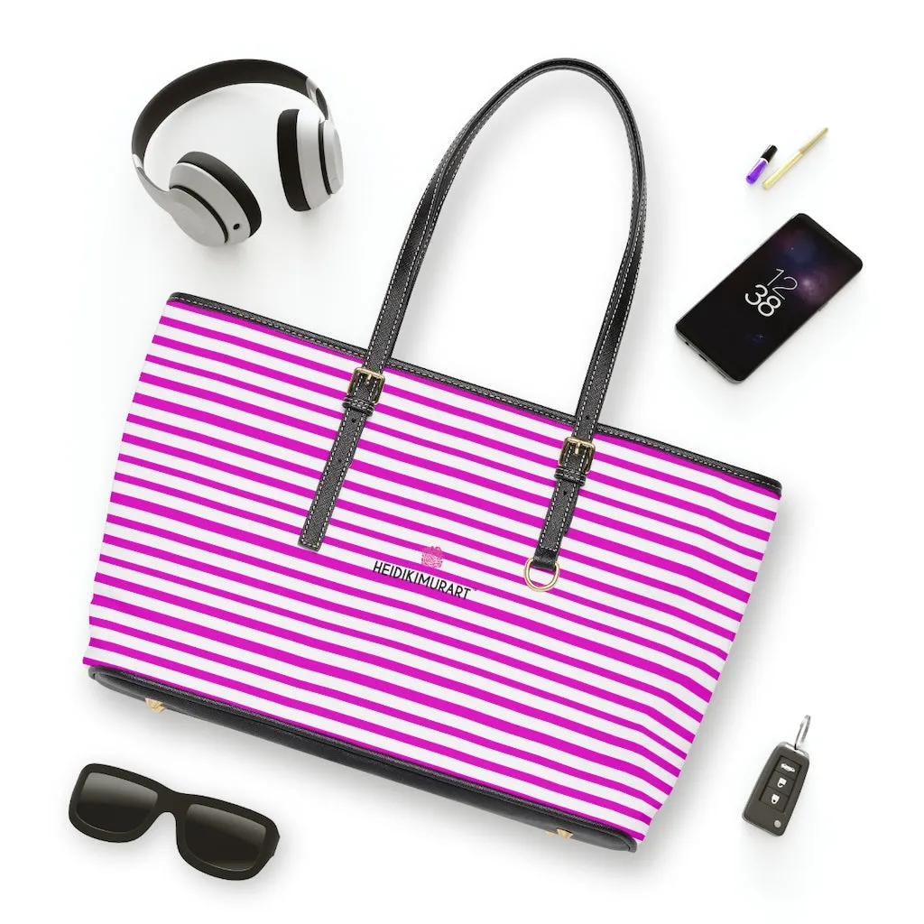 Pink Stripes Tote Bag, Best Designer PU Leather Shoulder Hand Work Bag 17"x11"/ 16"x10"