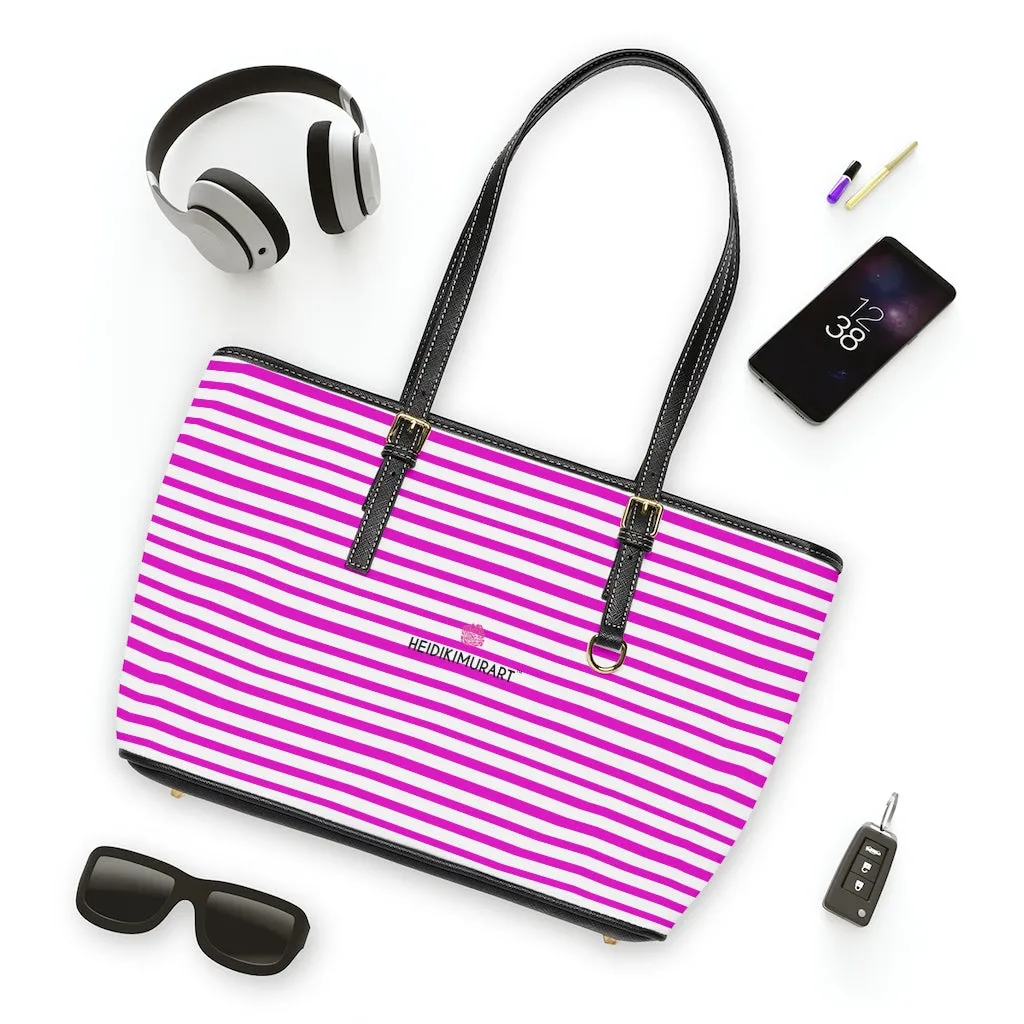 Pink Stripes Tote Bag, Best Designer PU Leather Shoulder Hand Work Bag 17"x11"/ 16"x10"