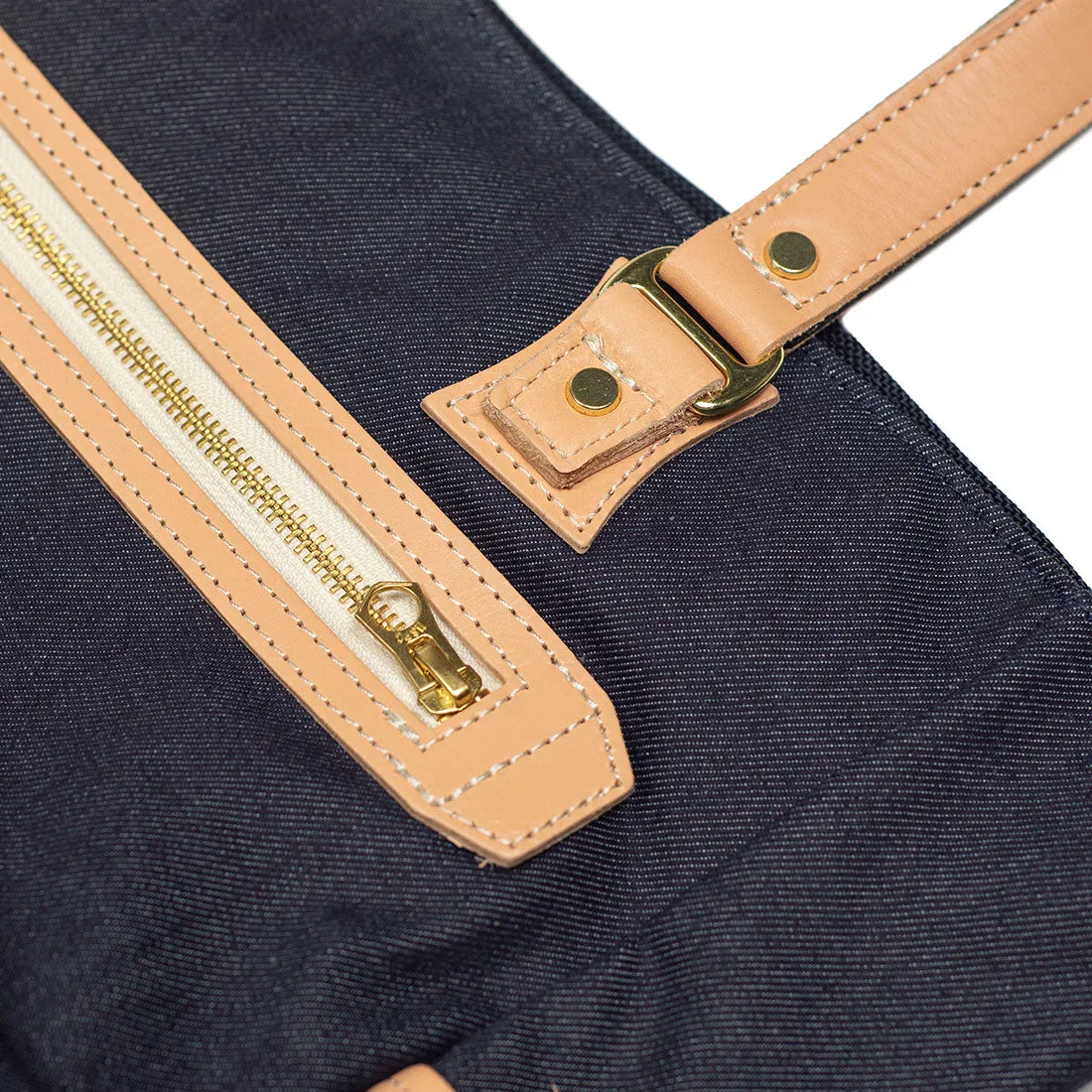 "Ever" tote bag in cotton/nylon denim-effect Cordura and natural color leather