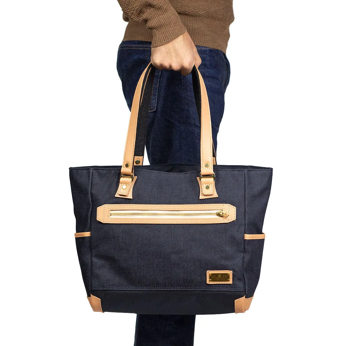 "Ever" tote bag in cotton/nylon denim-effect Cordura and natural color leather