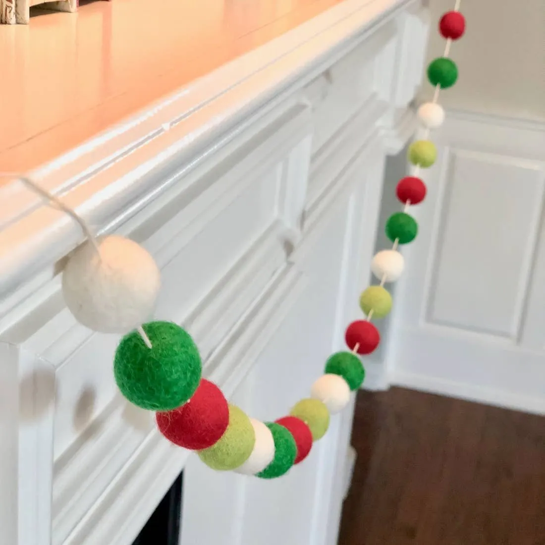 Red, Green, and White Christmas Wool Pom Garland (5-Foot)