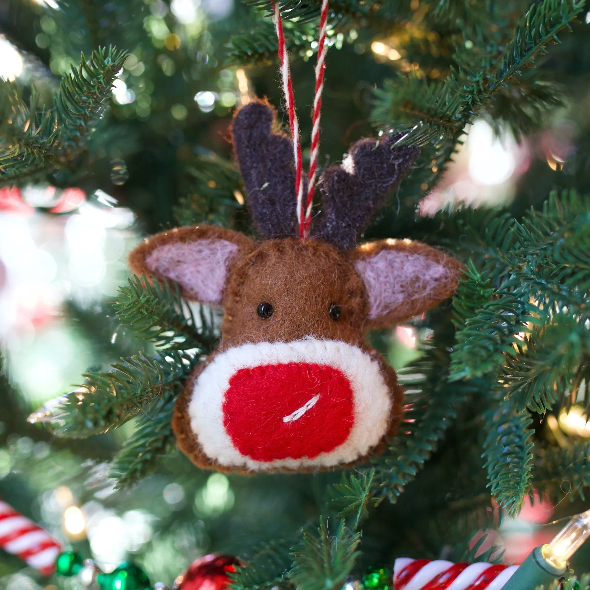 Red Nosed Reindeer Ornament, Felt Wool