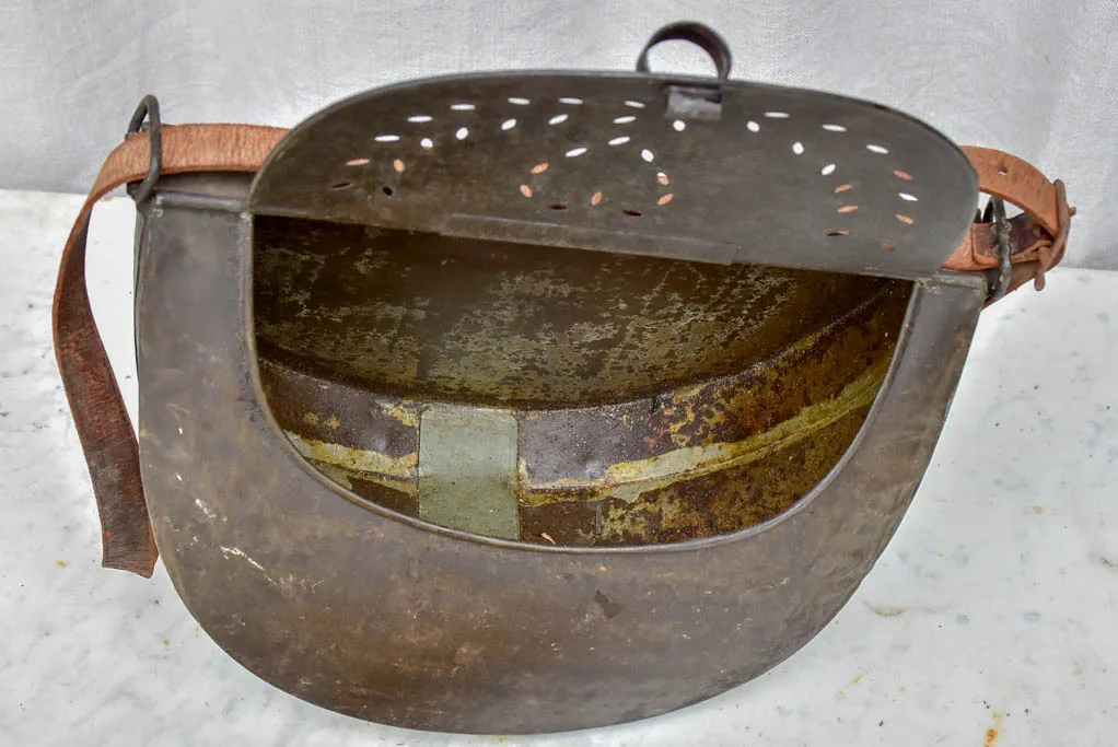 RESERVED MA Antique French metal fishing bag with leather strap