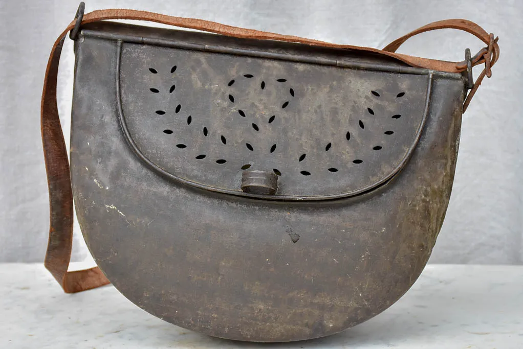 RESERVED MA Antique French metal fishing bag with leather strap