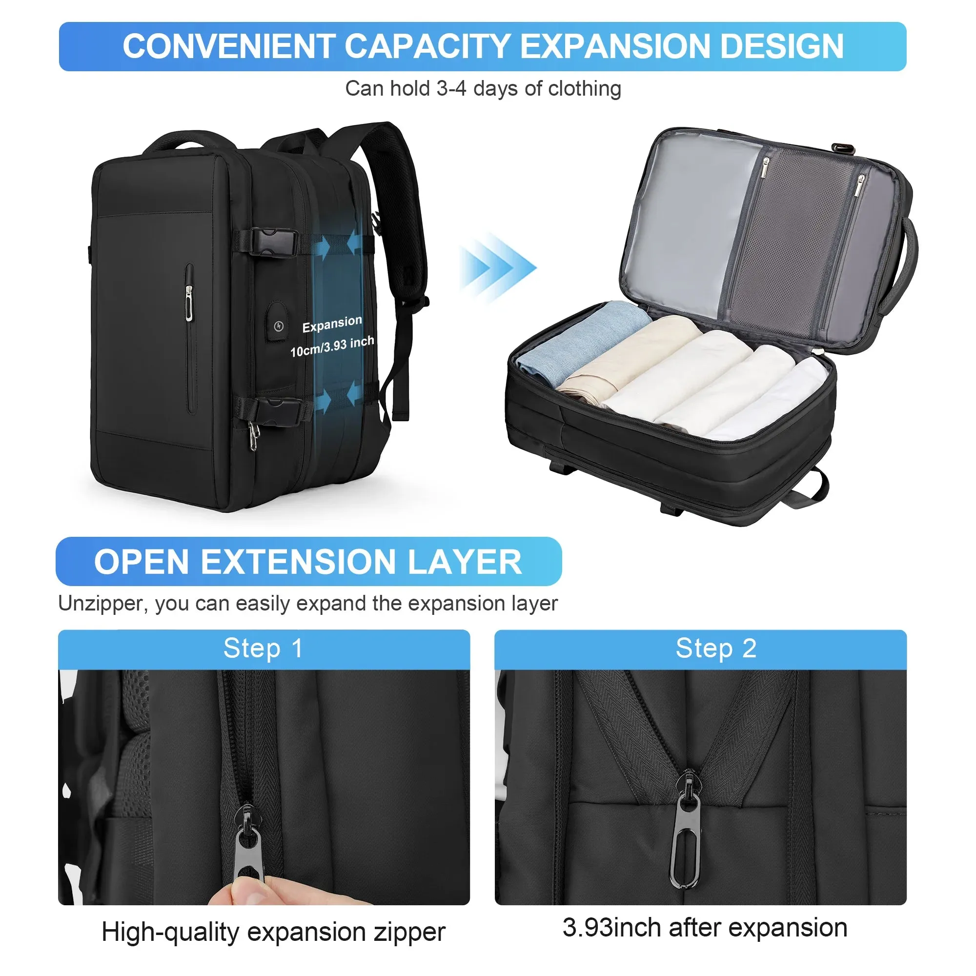 Sohiwoo Travel Backpack for Men, Expandable Laptop Backpack with USB Port, Large Waterproof Anti Theft Business Computer Bag for Women