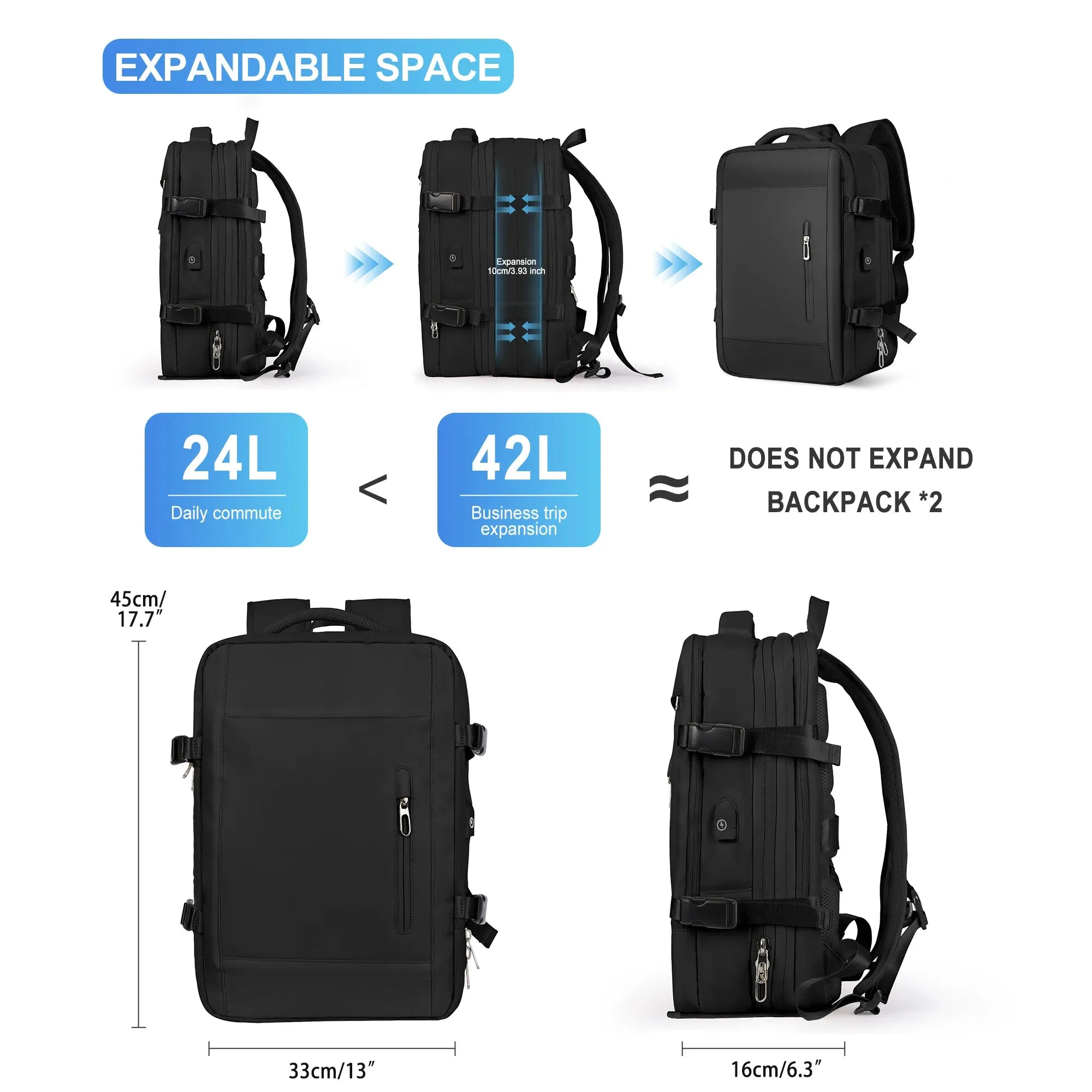 Sohiwoo Travel Backpack for Men, Expandable Laptop Backpack with USB Port, Large Waterproof Anti Theft Business Computer Bag for Women