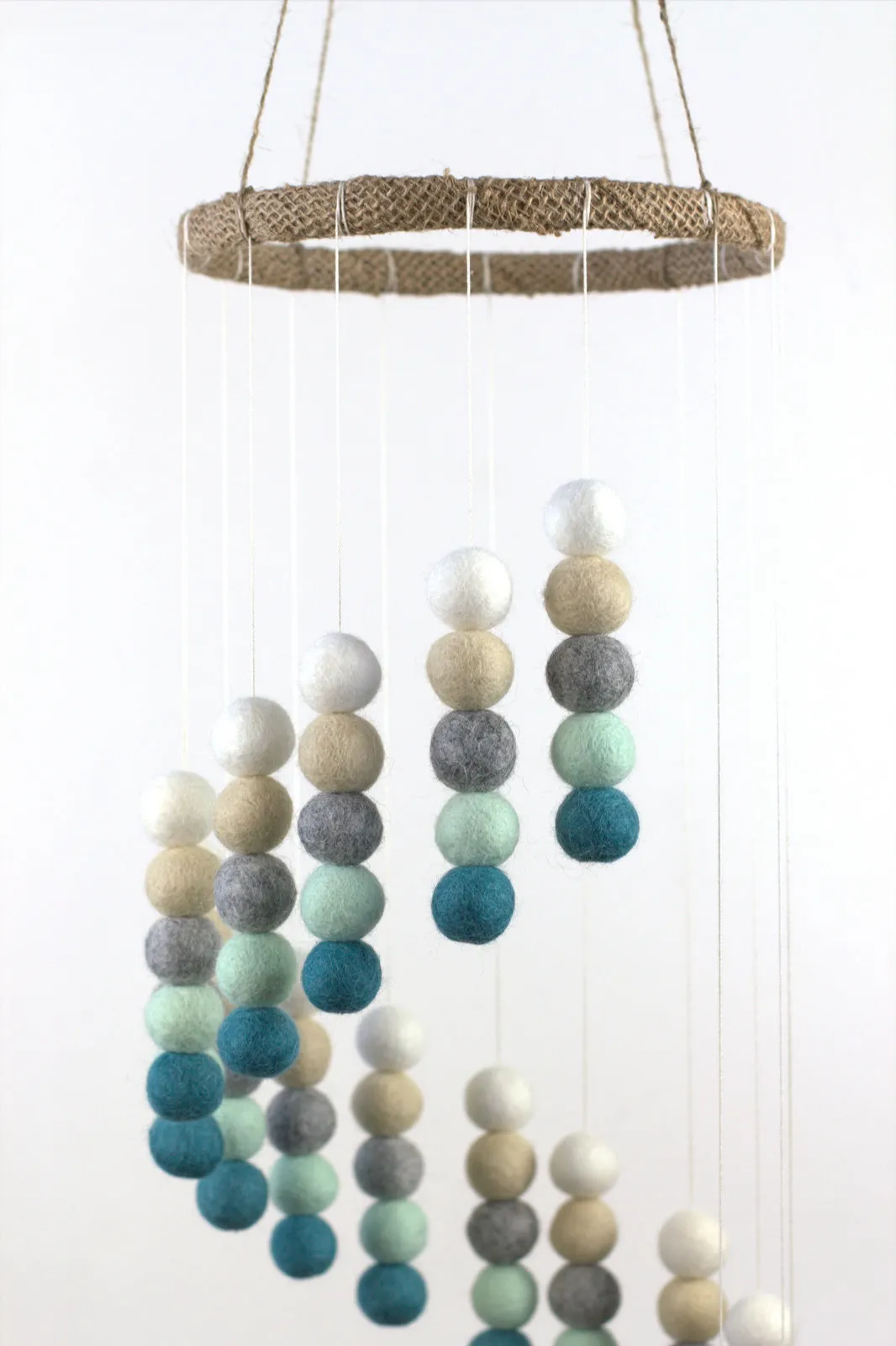 Spiral Felt Ball Mobile- Teal, Seafoam, Almond, Gray, White