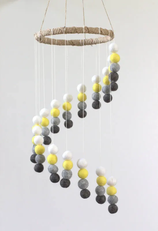 Spiral Felt Ball Mobile- Yellow, Charcoal, Gray, White