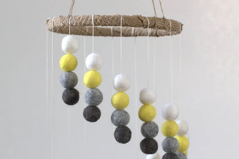 Spiral Felt Ball Mobile- Yellow, Charcoal, Gray, White