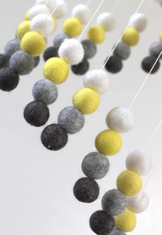 Spiral Felt Ball Mobile- Yellow, Charcoal, Gray, White