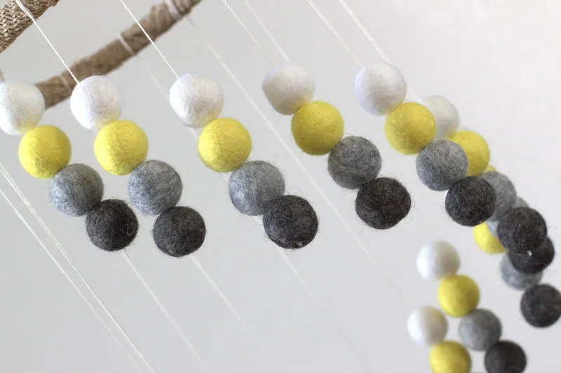 Spiral Felt Ball Mobile- Yellow, Charcoal, Gray, White