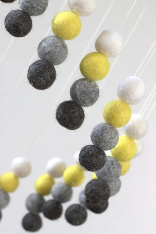 Spiral Felt Ball Mobile- Yellow, Charcoal, Gray, White