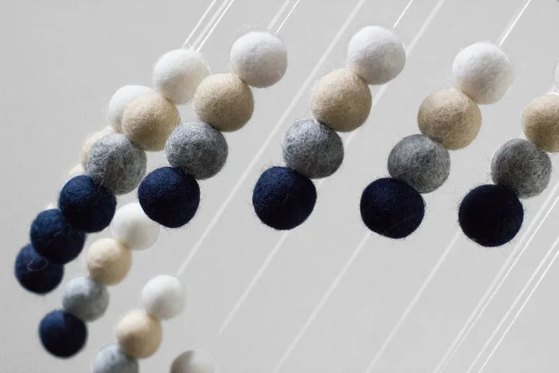 Spiral Felt Ball Nursery Ceiling Mobile- Navy, Almond, Gray, White