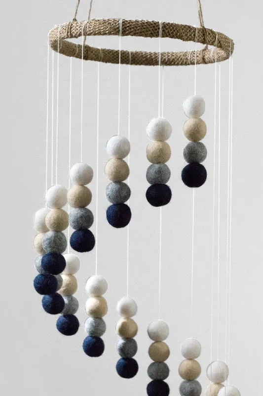 Spiral Felt Ball Nursery Ceiling Mobile- Navy, Almond, Gray, White