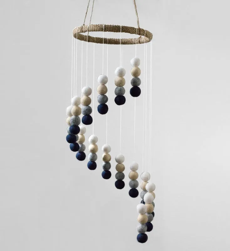 Spiral Felt Ball Nursery Ceiling Mobile- Navy, Almond, Gray, White