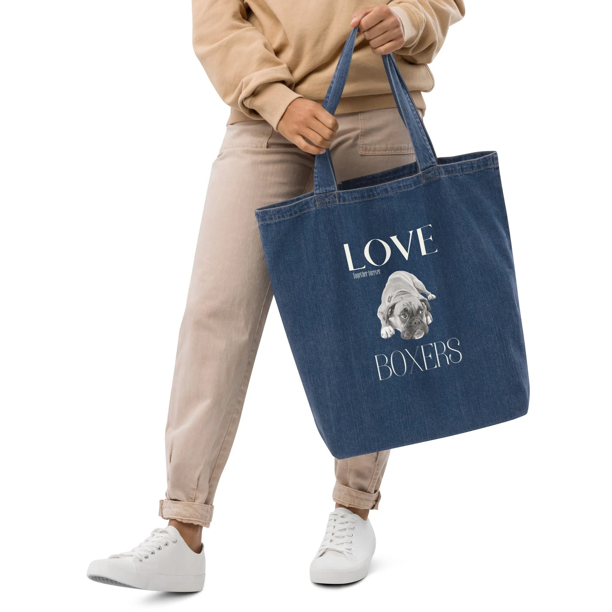 Sustainable and Vegan denim tote bag, Boxer Dog Lovers