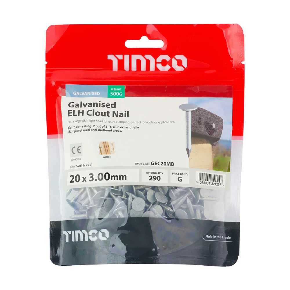 TIMco Galvanised Extra Large Head Clout Nails 20mm