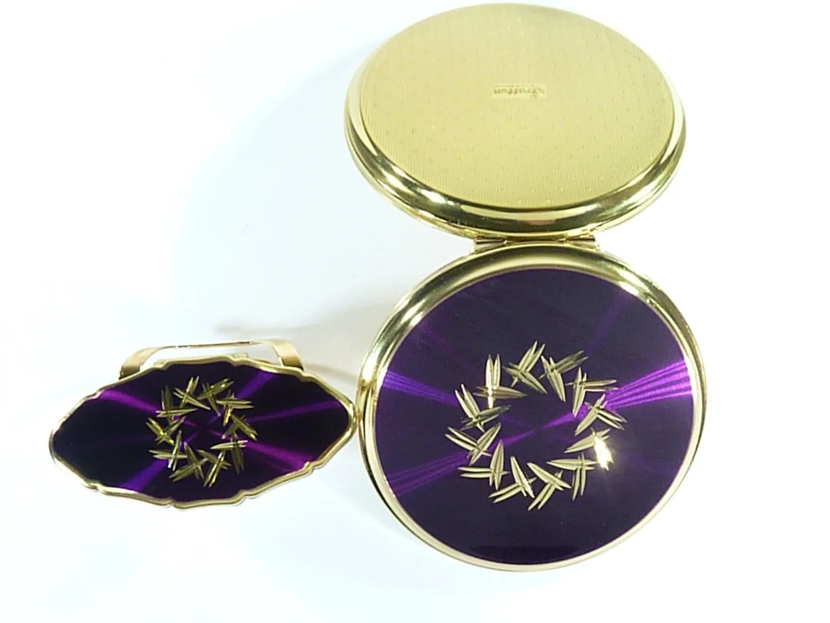 Unused Vintage Pressed Powder Compact With Mirror Purple Enamel