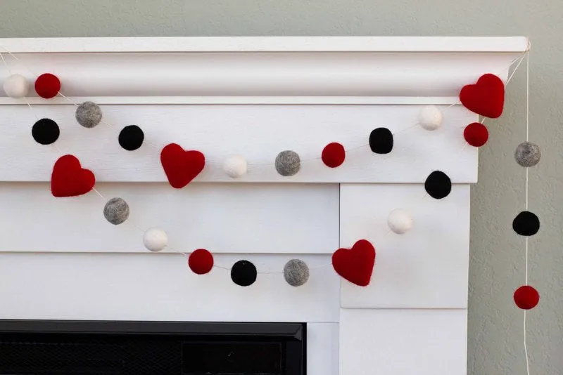 Valentine's Day Felt Ball & Heart Garland- Buffalo Plaid