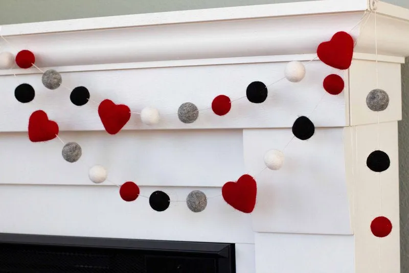 Valentine's Day Felt Ball & Heart Garland- Buffalo Plaid