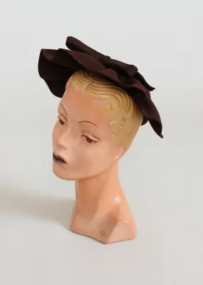 Vintage 1930s Brown Felt Ruffle Crown Hat