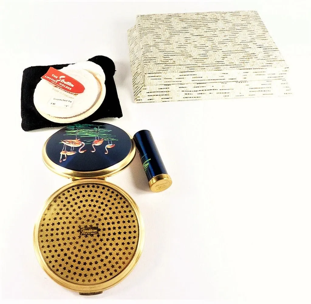 Vintage Stratton Compact Lipstick Set Flamingo Bird Scene 1960s Unused