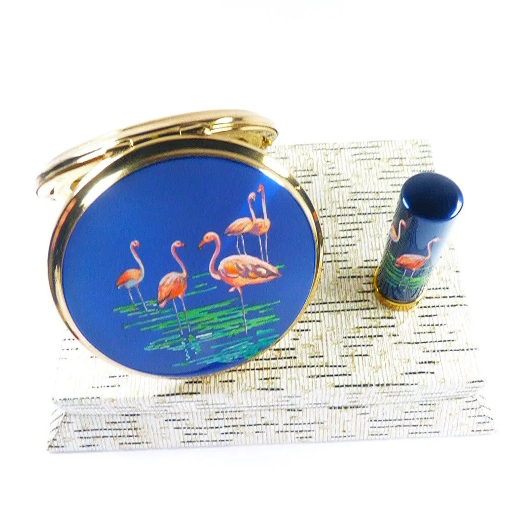 Vintage Stratton Compact Lipstick Set Flamingo Bird Scene 1960s Unused