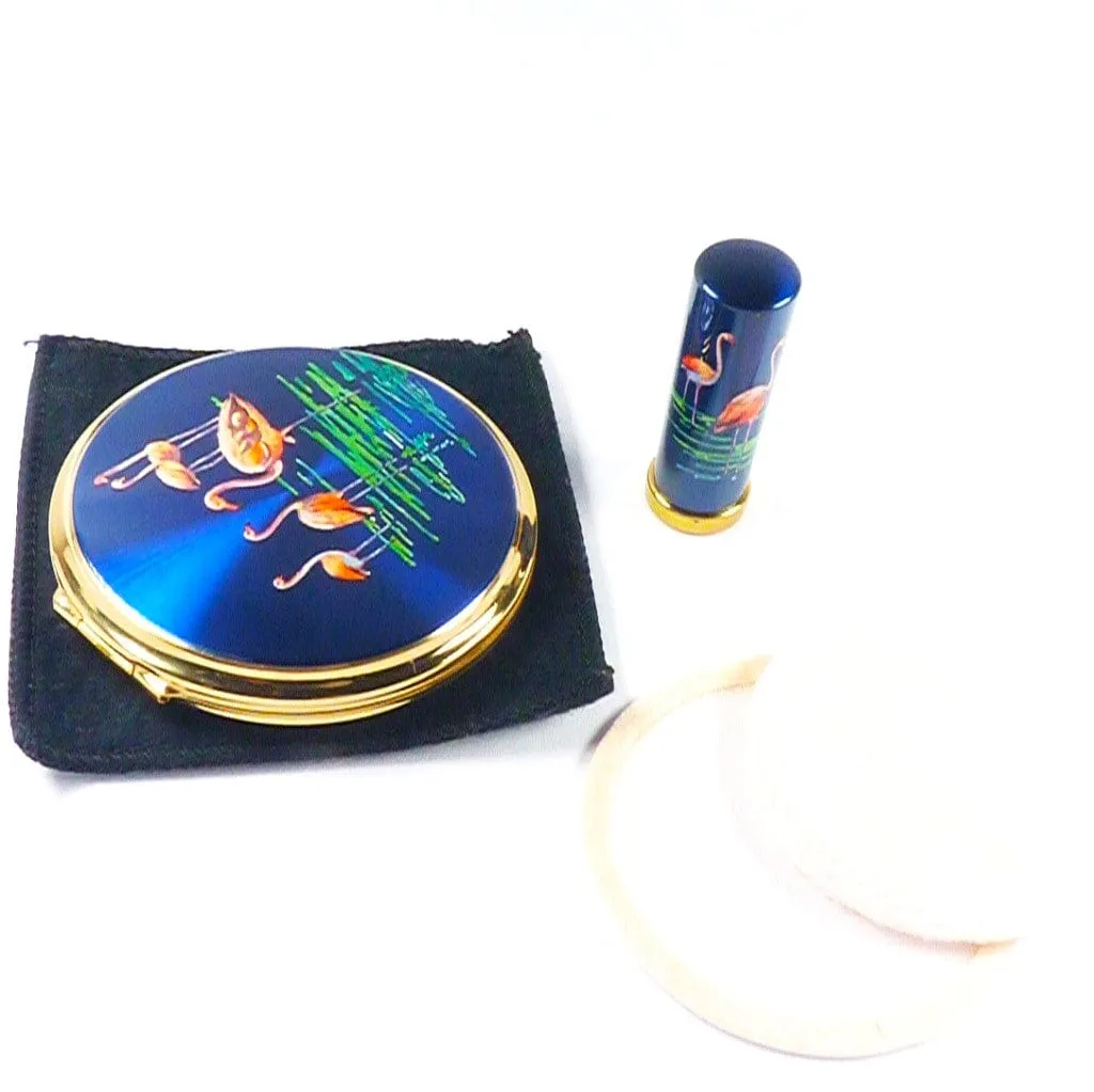 Vintage Stratton Compact Lipstick Set Flamingo Bird Scene 1960s Unused