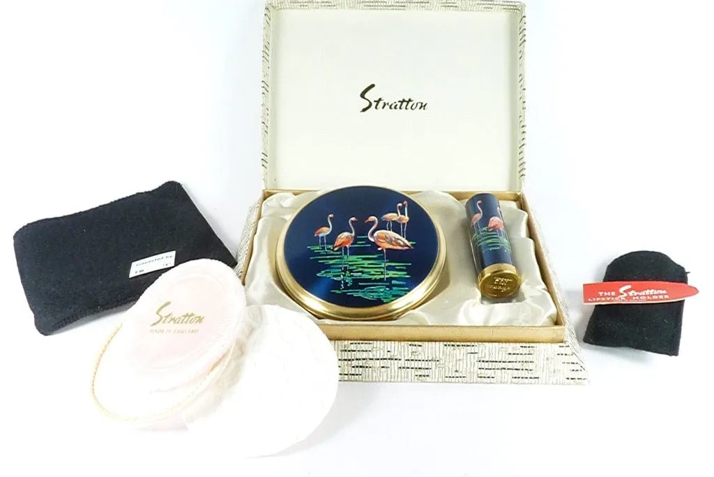 Vintage Stratton Compact Lipstick Set Flamingo Bird Scene 1960s Unused