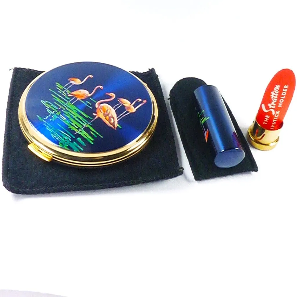 Vintage Stratton Compact Lipstick Set Flamingo Bird Scene 1960s Unused