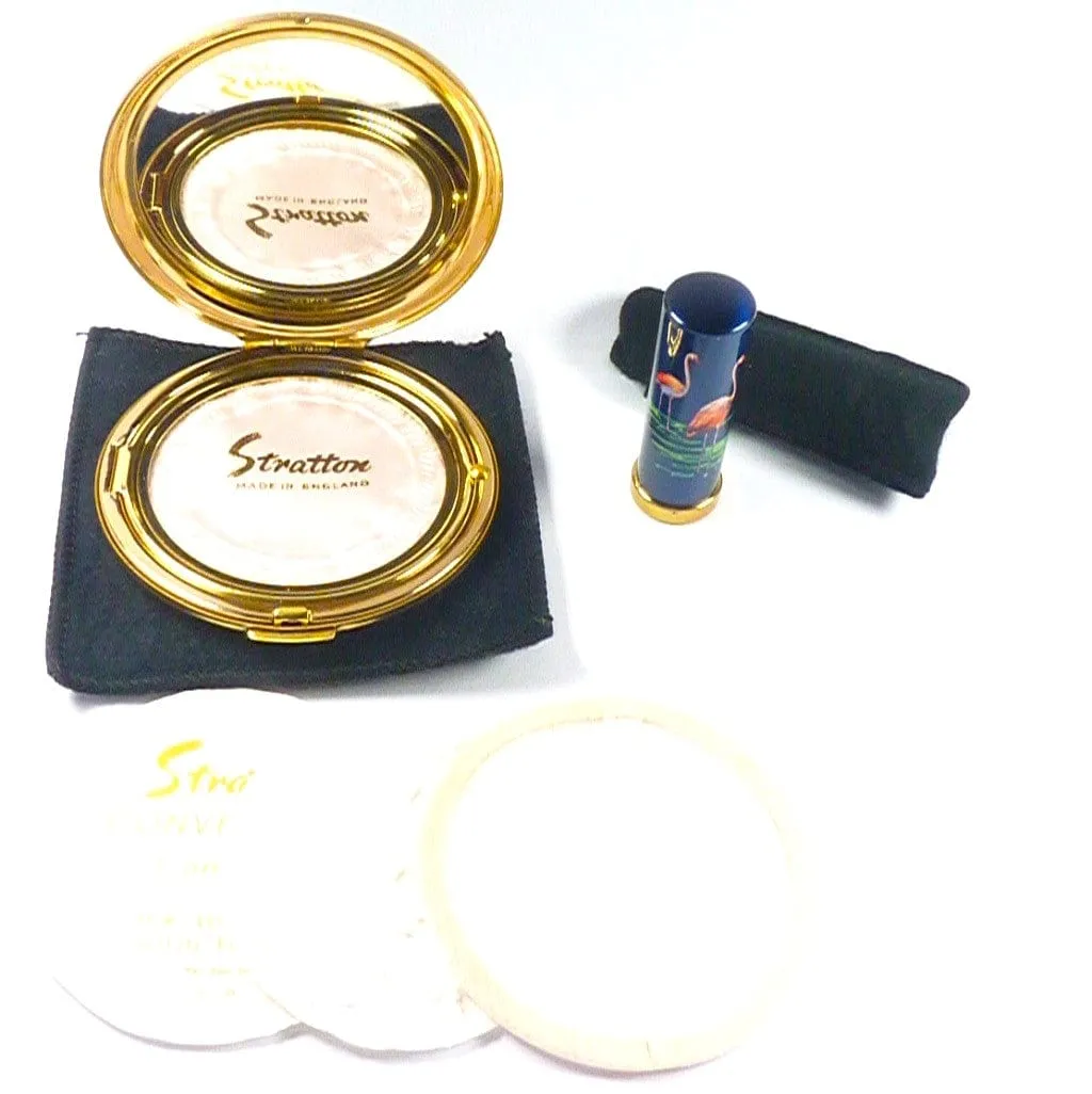 Vintage Stratton Compact Lipstick Set Flamingo Bird Scene 1960s Unused